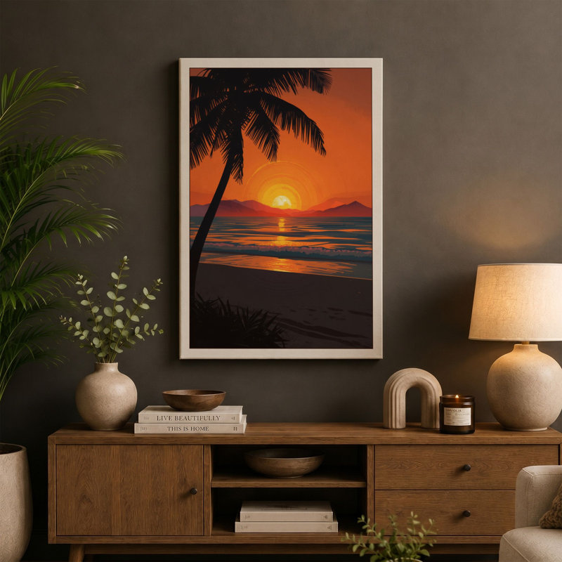 Tropical Sunset Coastal 1 Piece Wrapped Canvas Wall Art, 24x16 - 61.0 x 40.6 cm, White Border