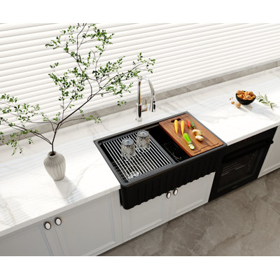 MEJE 33"x20" Matt Black 50/50 Double Bowl Ceramic Farmhouse Workstation Kitchen Sink
