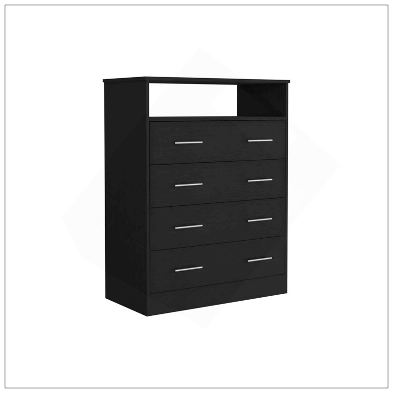 L Commode 4 tiroirs, plateau supérieur, 1 tablette ouverte - noir, Noir