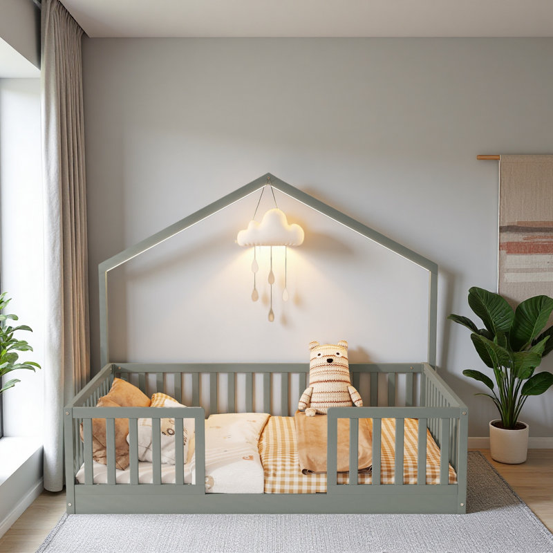 Lit sur pied avec rails hauts, Gris, Lit double