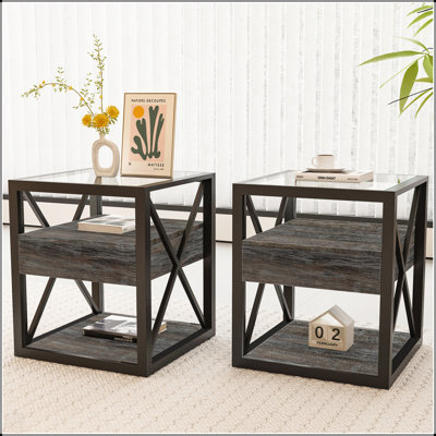 Ensemble de 2 tables de bout modernes avec tiroir - panneau de fibres à densité moyenne en bois rustique et plateau en verre trempé, tables de chevet de style industriel