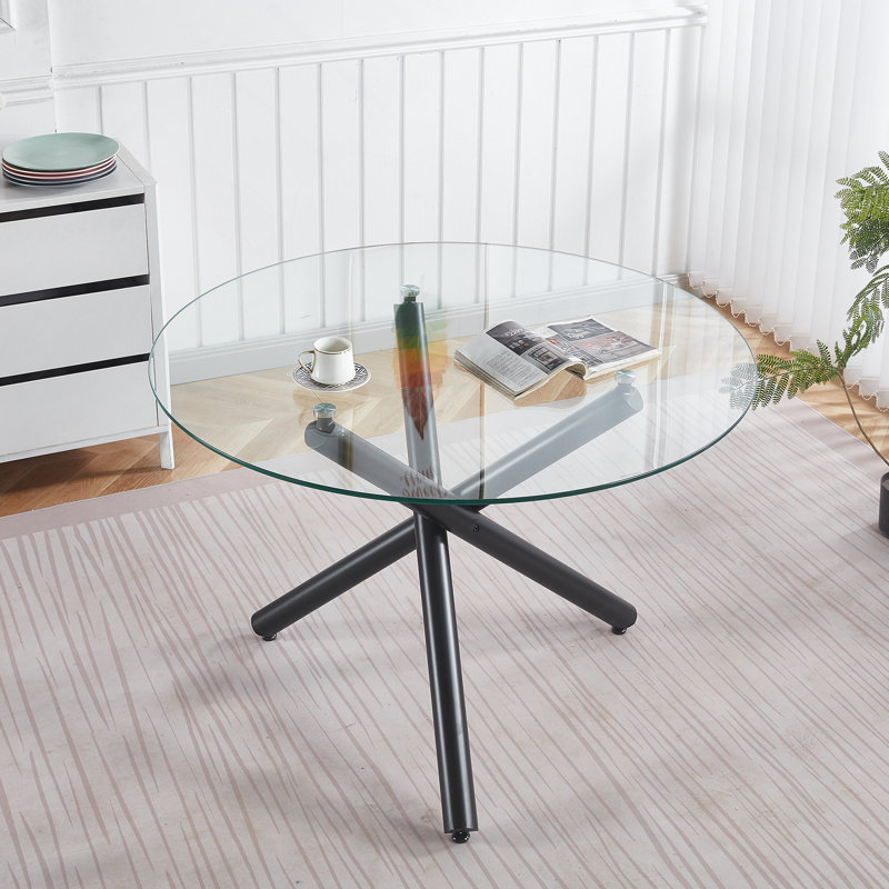 Table de salle à manger noire avec pieds en métal et verre, table de cuisine moderne pour le salon, 110 x 110 x 75 cm, Black