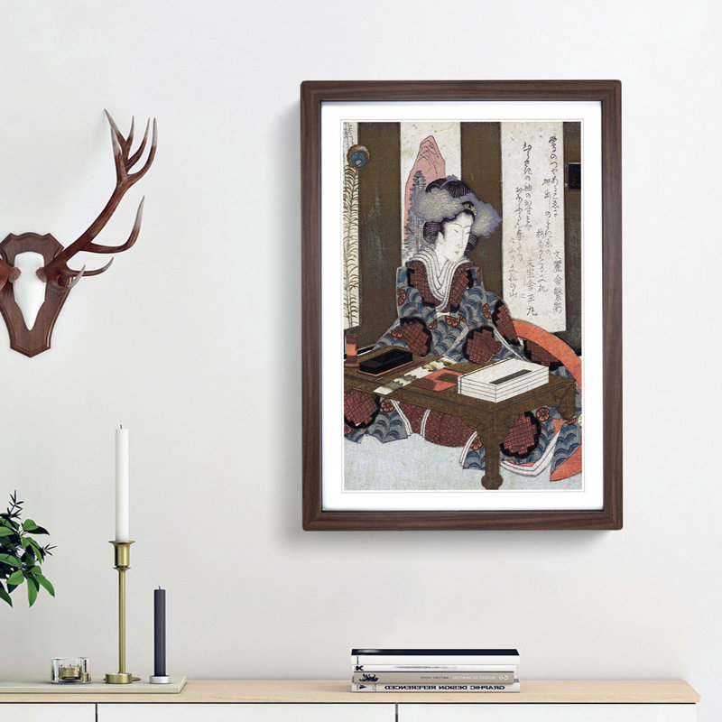 Lady Writing a Poem by Yashima Gakutei - Picture Frame Painting Print, Walnut Framed, 65cm H x 48cm W x 2cm D