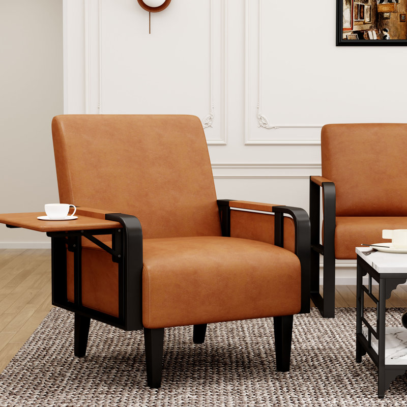 Whole Metal Frame Upholstered Accent Chair With Side Tray Table, Brown