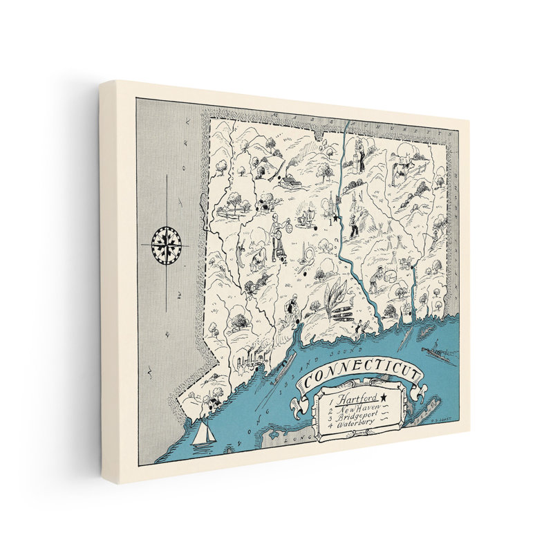 Carte illustrée du Connecticut, Sans cadre, Canevas, H 24 po x l 32 po