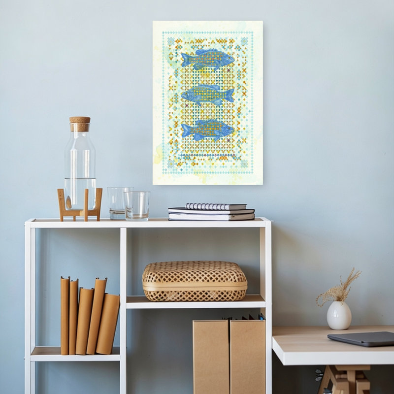 Three Blue Fish Pattern Contemporary Fish Beach Portrait Wall Art Print 1 Piece Wrapped Canvas Wall Art