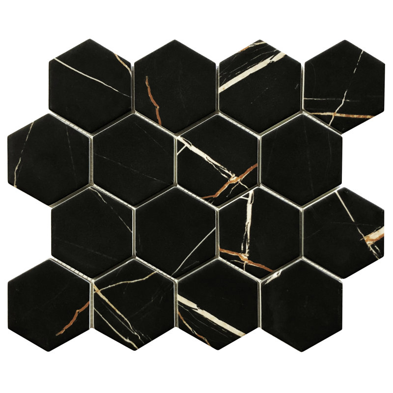 Carrelage mosaïque en verre 12 "x 11" Vida Hex, Noir
