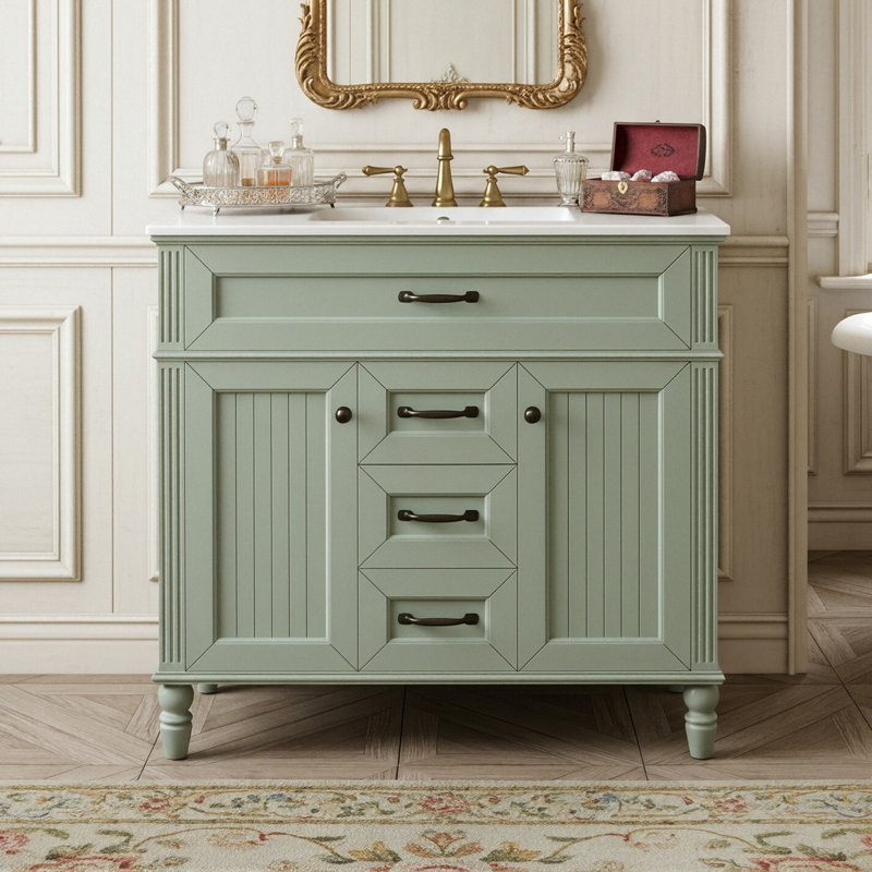 Ensemble de meuble-lavabo simple sur pied 36 po avec lavabo en céramique, armoire avec portes à fermeture en douceur, plateau basculant et 2 tiroirs