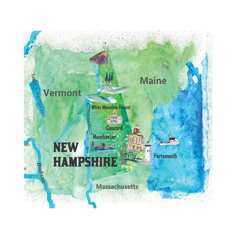 USA, New Hampshire State Travel Poster 1 Piece Wrapped Canvas Wall Art, 30.48 cm H x 30.48 cm W