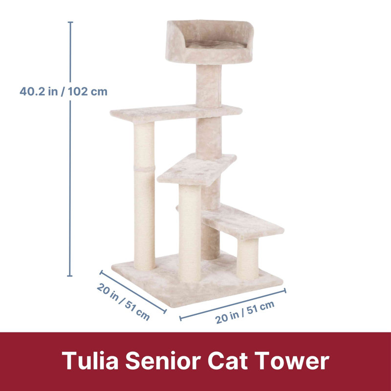 TRIXIE Tulia Senior 40.2" Cat Tower, 4-Level Cat Tree, Sisal Scratching Posts, Plush Platforms, Top Platform Bed, Light Gray