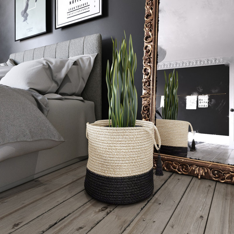 Panier de rangement en jute naturel fait à la main, H 17 po x l 17 po x P 17 po, Blanc/Noir