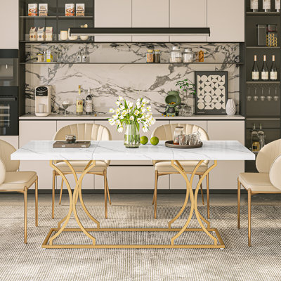 71 Inch Rectangular Dining , Modern White Kitchen Table Dining Room Table, Rectangle White Dinner Table With Gold Metel Frame.