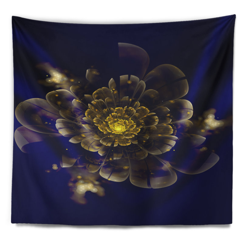 Tapisserie abstraite dorée métallique de fleur de fractale, H 32 po x l 39 po