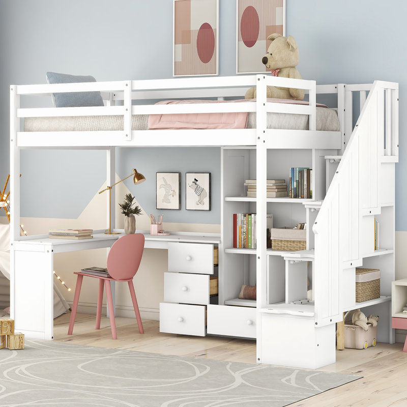 Gildo Kids Loft Bed with Drawers, White, Twin