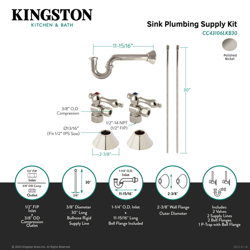 Trimscape Traditional Plumbing Sink Trim Kit, Polished Nickel
