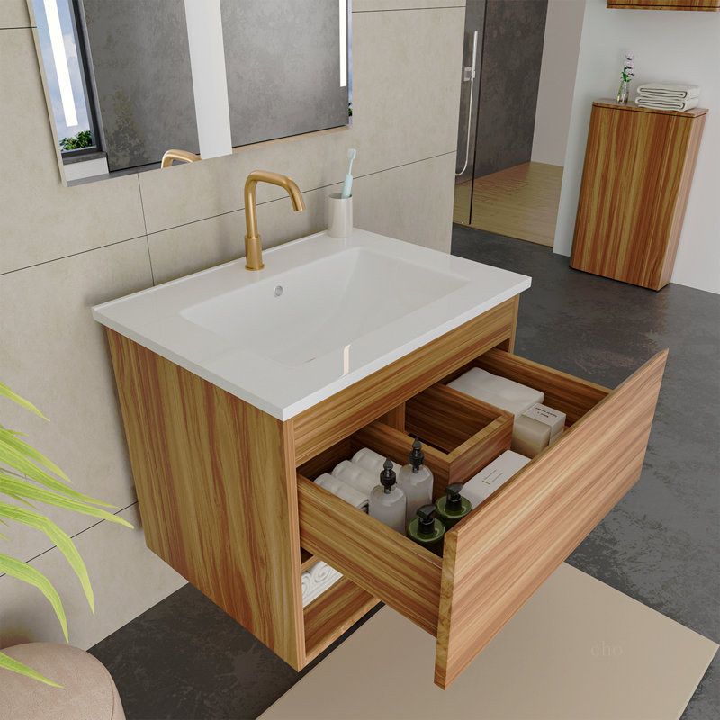 Meuble-lavabo 24 po avec lavabo en céramique - Meuble-lavabo mural flottant cannelé avec tiroirs, moderne, Natural Walnut