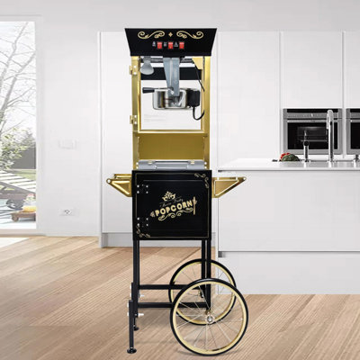 12oz Popcorn Machine Cart, Popcorn Cart with Wheels, Vintage Popcorn Machine with Stainless Steel Kettle, Movie Theater Style Popcorn Machine for Party, Black