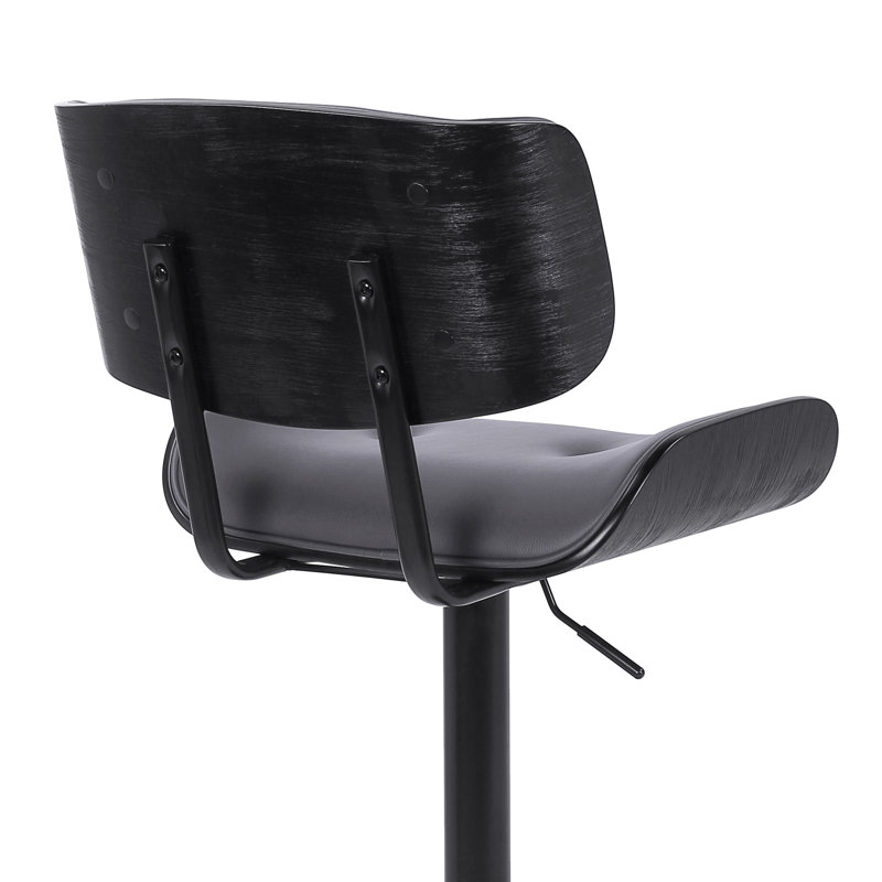Primeau Swivel Adjustable Height Bar Stool with Pedestal Base in Faux Leather, Wood and Metal, Black, Gray