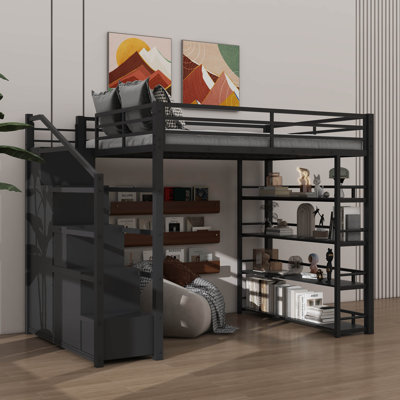 Queen-Sized Metal Loft Bed With Storage Shelves, Loft Bed With Cabinets & Wardrobe