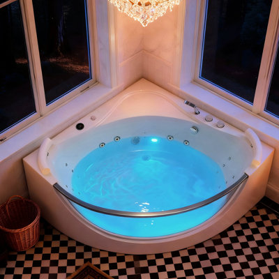 Baignoire de coin en acrylique de 59 pouces pour deux personnes, système de massage à 16 jets avec chauffe-eau, éclairage arc-en-ciel, système UL pour 2 personnes et certification, détente idéale