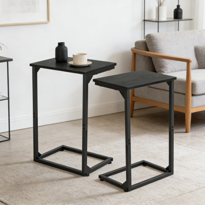 Set Of 2 C-Shaped End Tables, Slide Under Sofa Or Bed, Industrial TV Trays For Living Room, Bedroom, And Small Spaces, Sturdy Metal Frame With Wood Top