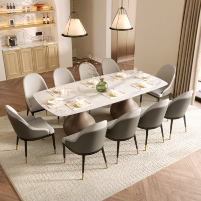 Modern 10 People Dining Room Set, Pre-Assembly Rectangular Dining Table, Sintered Stone Tabletop & Trestle Pedestal, Upholstered PU Leather Chairs