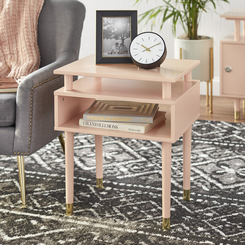 Camylle Solid Wood Leg End Table with Storage, Blush Pink/Gold