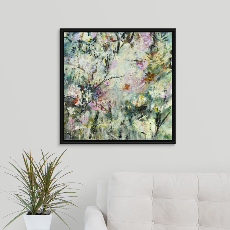 « my little paradise », peinture sur toile, H 21,7 po x l 21,7 po x p 1,75 po, Cadre flottant noir