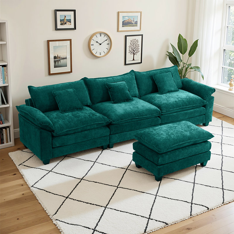 Chenille Upholstered 3-Seater Modular Sectional Cloud Couch with Movable Ottoman, Teal