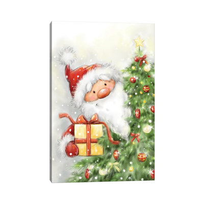 Santa Behind Tree by MAKIKO - Wrapped Canvas Print