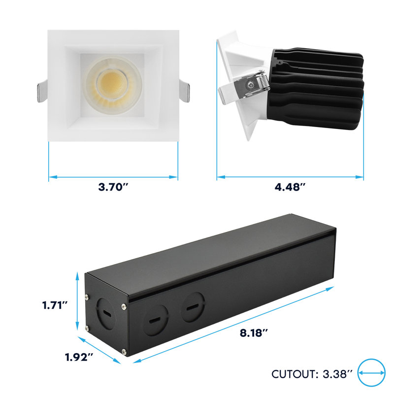Luxrite 3 po Luminaire encastré à DEL sans cadre avec rondelle murale carrée blanche interchangeable, 15 / 20W, 1450 / 2100LM, intensité variable, intensité variable 60 °, lot de 4