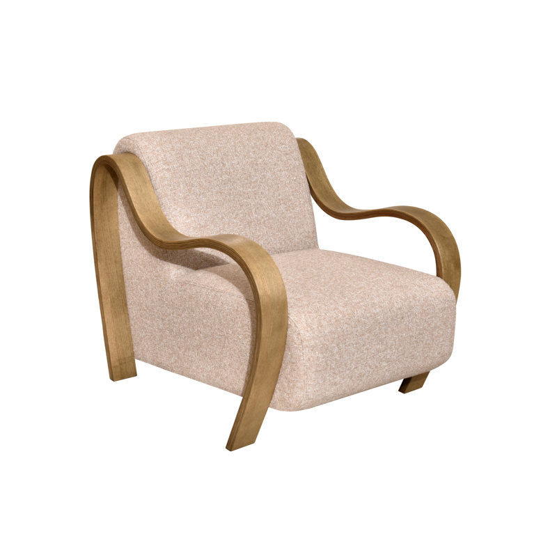 Curva Luxe Boucle Accent Chair with Beige Upholstery and Natural Wood Arms, Mid-Century Modern Lounge Chair, Natural Wood