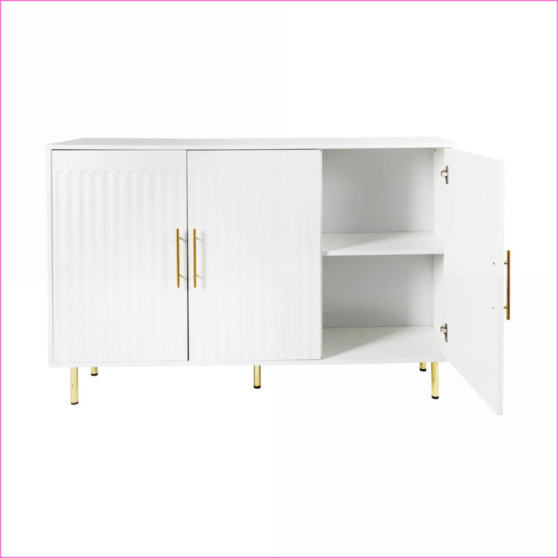Sideboard, 55.12” W White Modern 3-Door Storage Buffet with Gold Handles | Particle Board+MDF