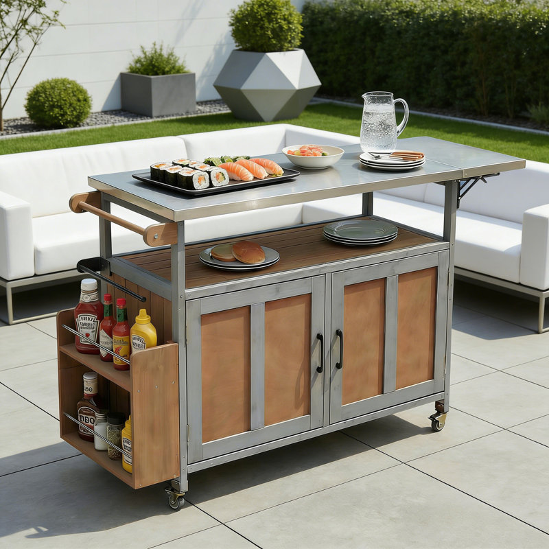 Îlot de cuisine extérieur pliable avec roues verrouillables et porte-serviettes, Espresso/gris