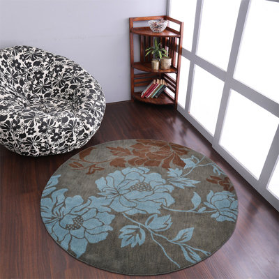 Biby Hand Tufted Wool Eco-Friendly Area Rugs - Round, Gray Blue Color, Floral Modern Design, High Pile Thick Handmade Anti Skid Area Rugs for Living Room, Bed Room