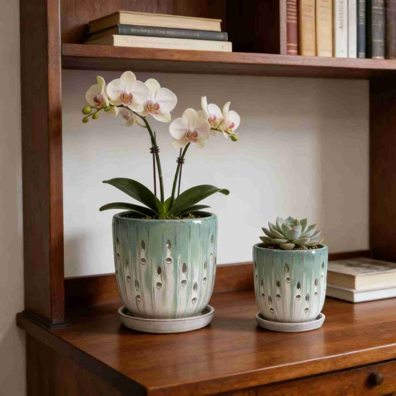 Pot de fleurs en céramique de haute qualité, Blanc/vert