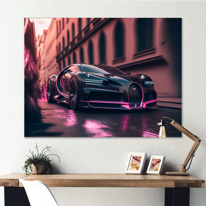 «Visionary Bugatti Design» en noir et magenta II, reproduction sur toile, H 12 po x l 20 po x P 1 po, Toile tendue