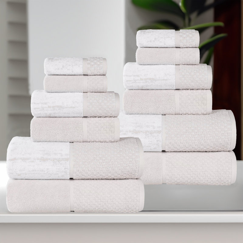 Lodie Cotton Plush Soft Absorbent Jacquard Solid and Two-Toned 12 Piece Towel Set, Stone-White