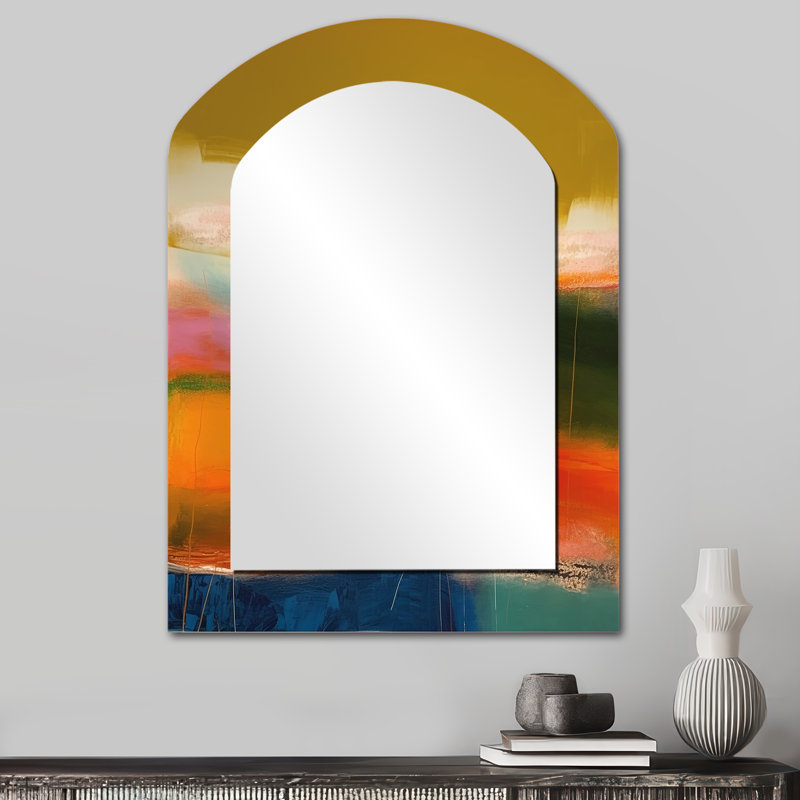 Colorfields Revored - Peinture abstraite, miroir asymétrique, miroir mural unique de forme unique jaune, impression sur métal