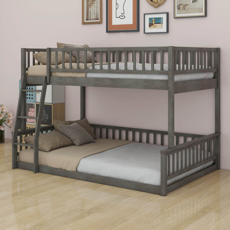 Full XL Over Queen Bunk Bed, Modern Wood Bunk Bed Frame With Ladder And Guardrails, Gray