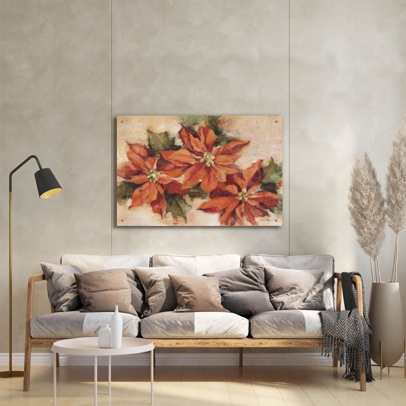 «Poinsettia Trio» par Cheri Blum, art mural en verre acrylique, H 24 po x l 36 po x P 0,2 po