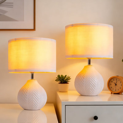 Set Of 2 Ceramic Table Lamps With Linen Shade, Farmhouse Rustic Modern Nightstand Lamps For Bedroom, Living Room, Office And Nursery, Compact Desk Lamp For Reading