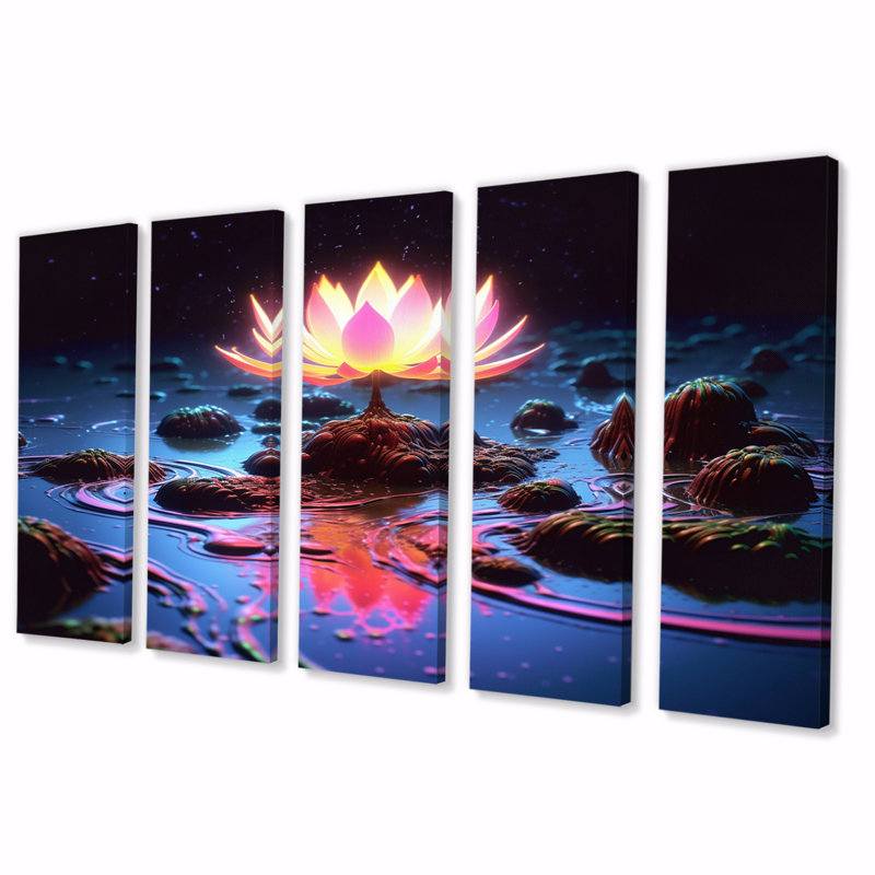 Light Coming Through Pink Lotus III - Lotus Canvas Wall Art - 5 Equal Panels