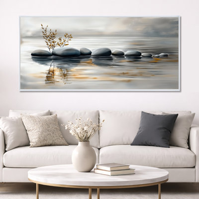 «Gray Orange Stones on Water Surface - Gray Zen», impression sur toile encadrée apaisante