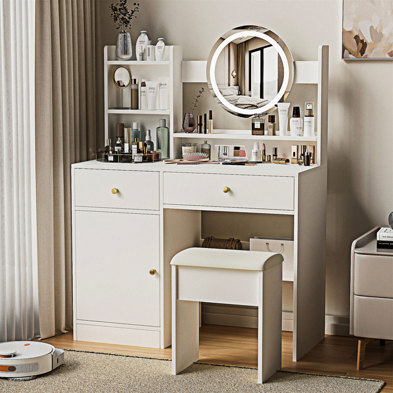 Vanity Table With Mirror And 3 Color Lighting Brightness Adjustable