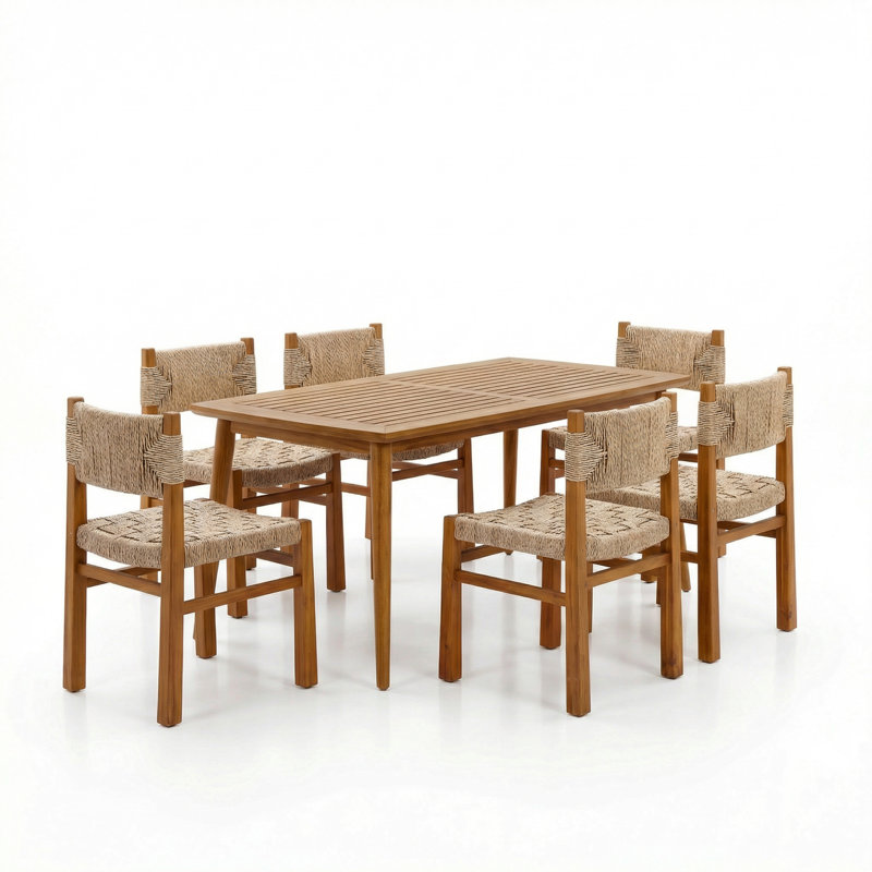 Capri Patio 7-Piece Acacia Wood Dining Set With Woven Wicker
