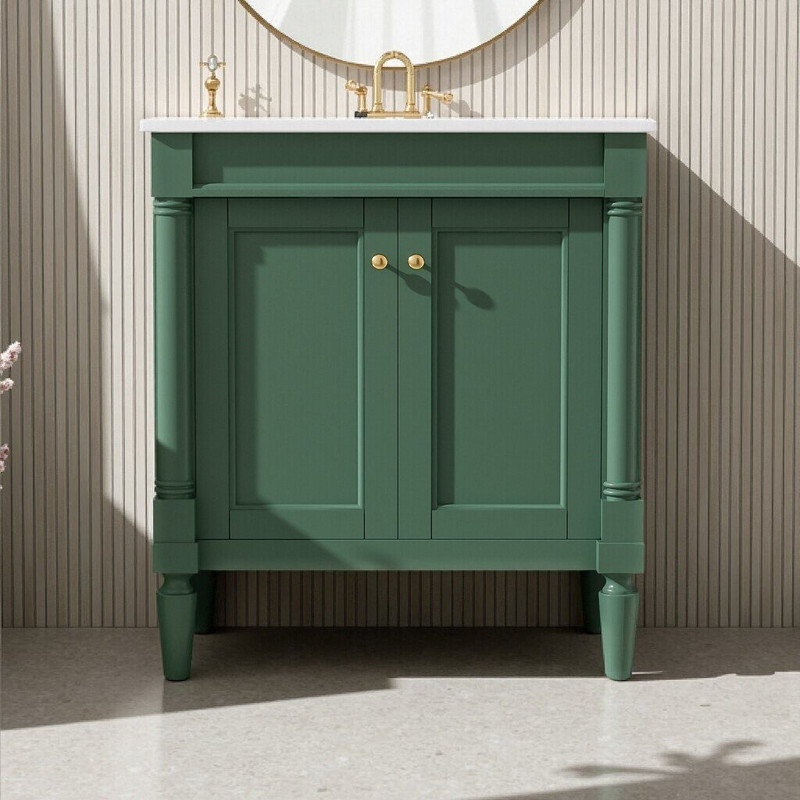 Meuble-lavabo de 30 pouces avec lavabo en céramique et portes à fermeture douce, Vert