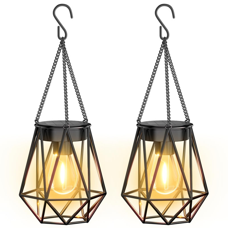 2 Pack Solar Hanging Lanterns, Outdoor Waterproof Geometric Metal Lanterns With Vintage Edison Bulb, Decorative  For Garden, Patio, Yard, Porch Decor