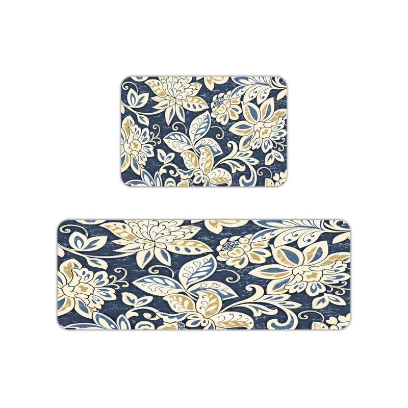 Tapis de cuisine à motif floral bleu marine, 2 pièces, pour la cuisine et la salle de bain