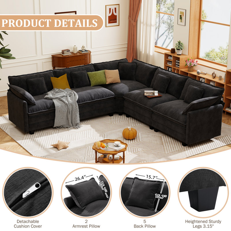 George 111.5" Modern 5 Seat Chenille L Shaped Modular Sectional Sofa, Black
